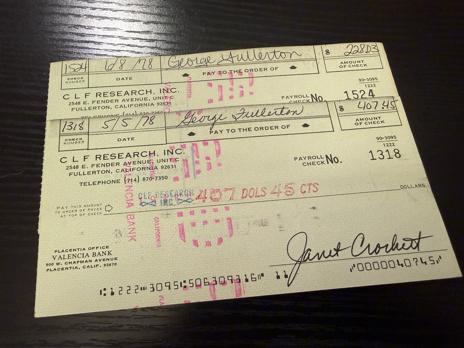 Lot of 2 George Fullerton Pay Checks Signed CLF Research Music Man  Leo Fender