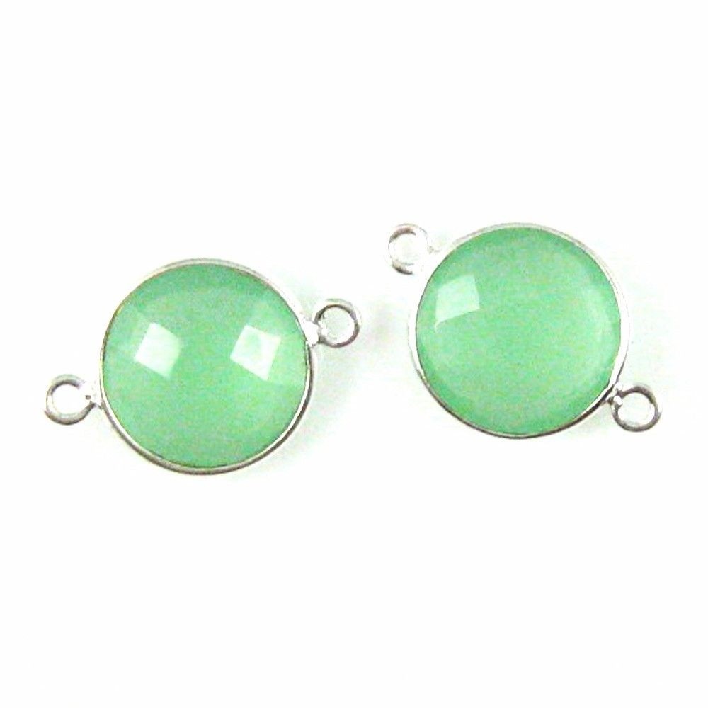Bezel Gem Links -Sterling Silver -Faceted Coin Shape -Prehnite Chalcedony-2pcs