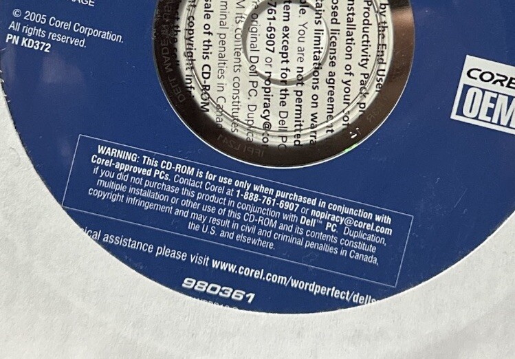 Corel WordPerfect Productivity Pack OEM Dell CD Word Processor DP/N 0CD940