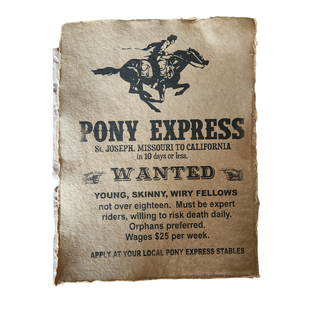 Pony Express aged printed poster page, Old west Halloween Prop, Wall Art