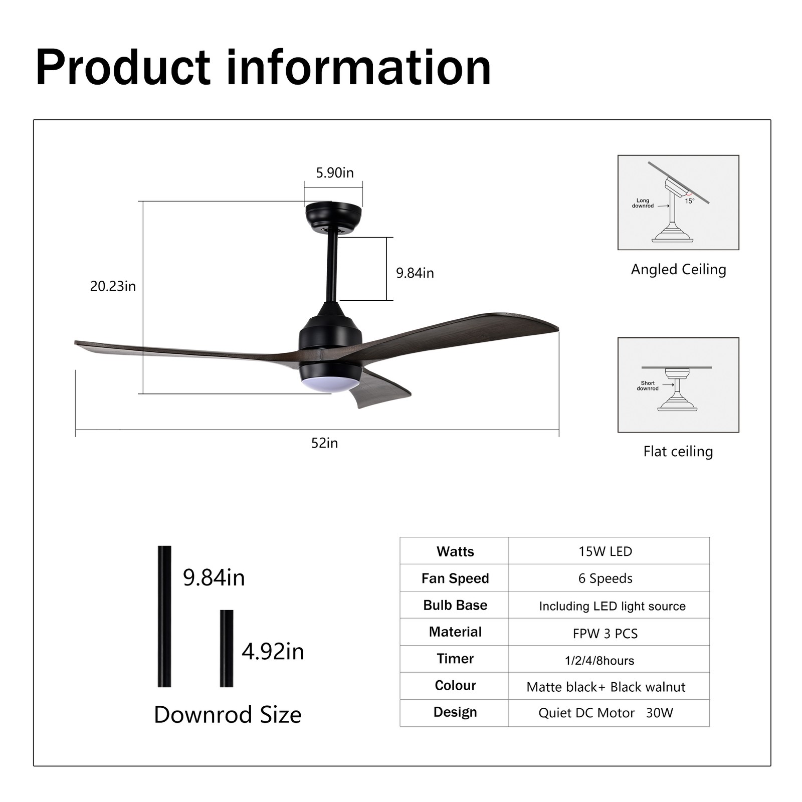52"Solid Wood Blades Ceiling Fan Lights Remote Control,Quiet DC Motor 3 Blade