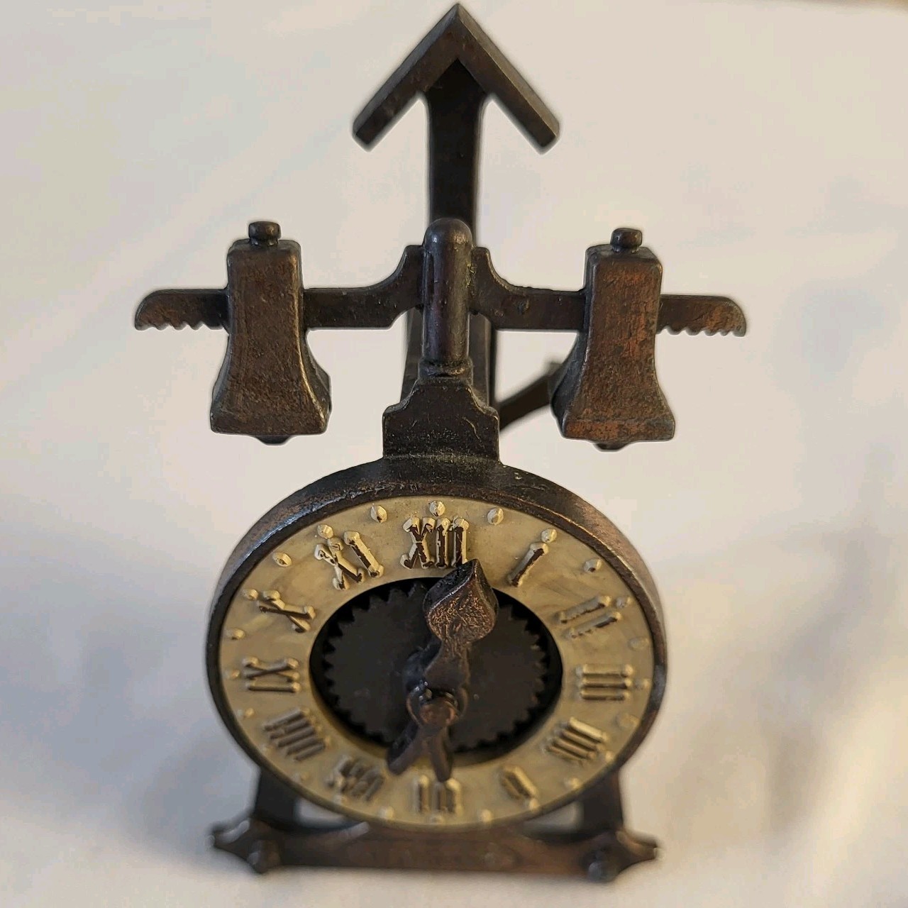 Vintage PlayMe Winding Clock Pencil Sharpener Collectible Bronze Die Cast Metal