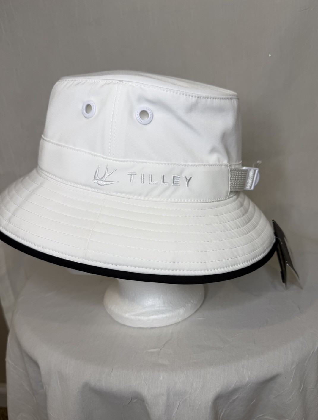 Tilley Wide Brim Adjustable Golf Bucket Hat White with Black Trim