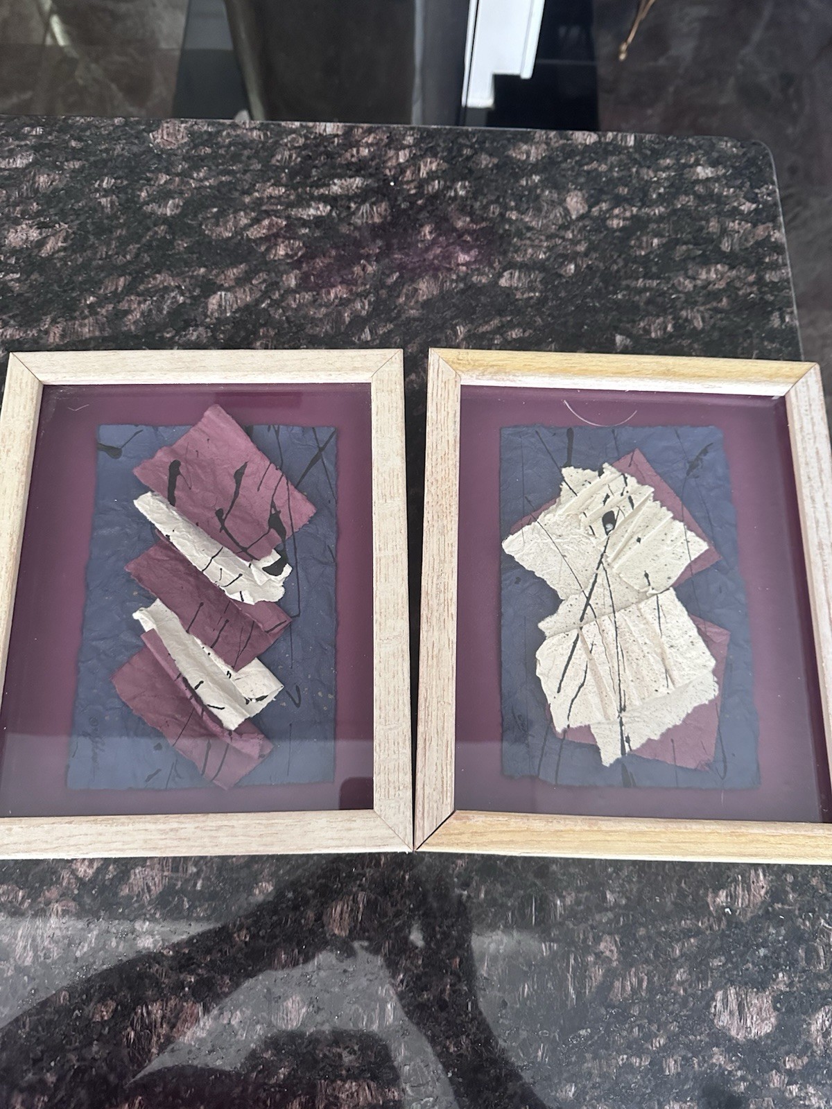 Framed Abstract Mixed Media Collage Art Set, Layered Paper, Purple Cream