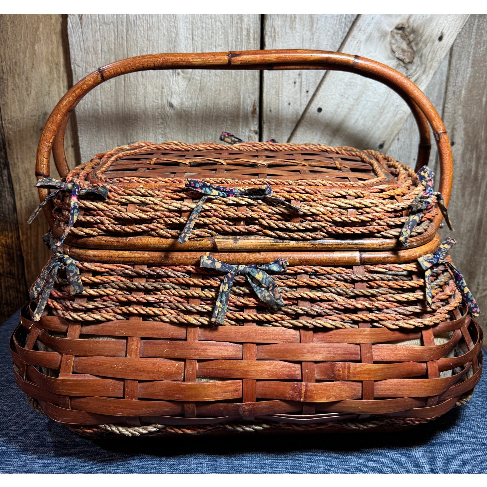 Huge Vintage Picnic Sewing Storage Basket, Hand Woven Jute Rope and Rattan 1970s