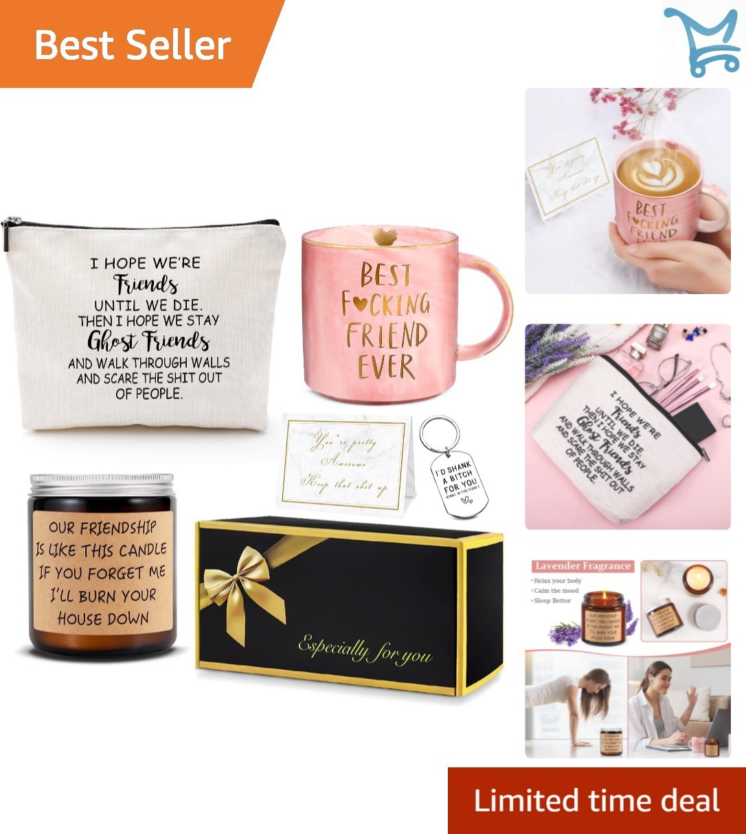 Friendship Gift Set for Women Best Friend Mug Candle Cosmetic Bag Keychain