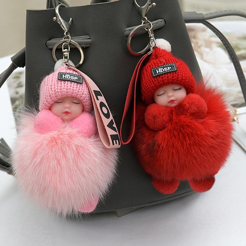 Pompom Sleeping Baby Keychain Cute Fluffy Plush Doll Keyholder Women Girl