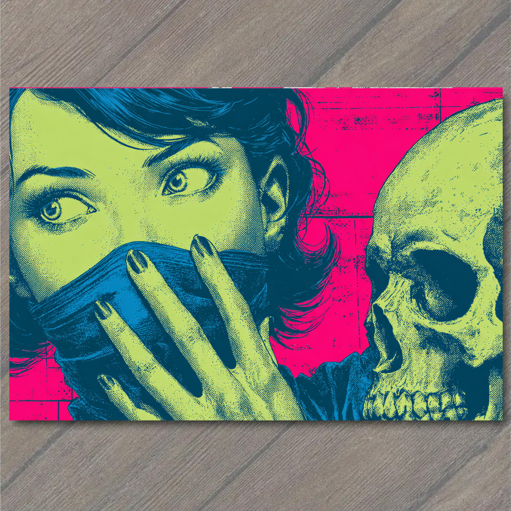 POSTCARD Skull Whispering Woman Pop Surreal Silence Fear Pink Neon Graphic