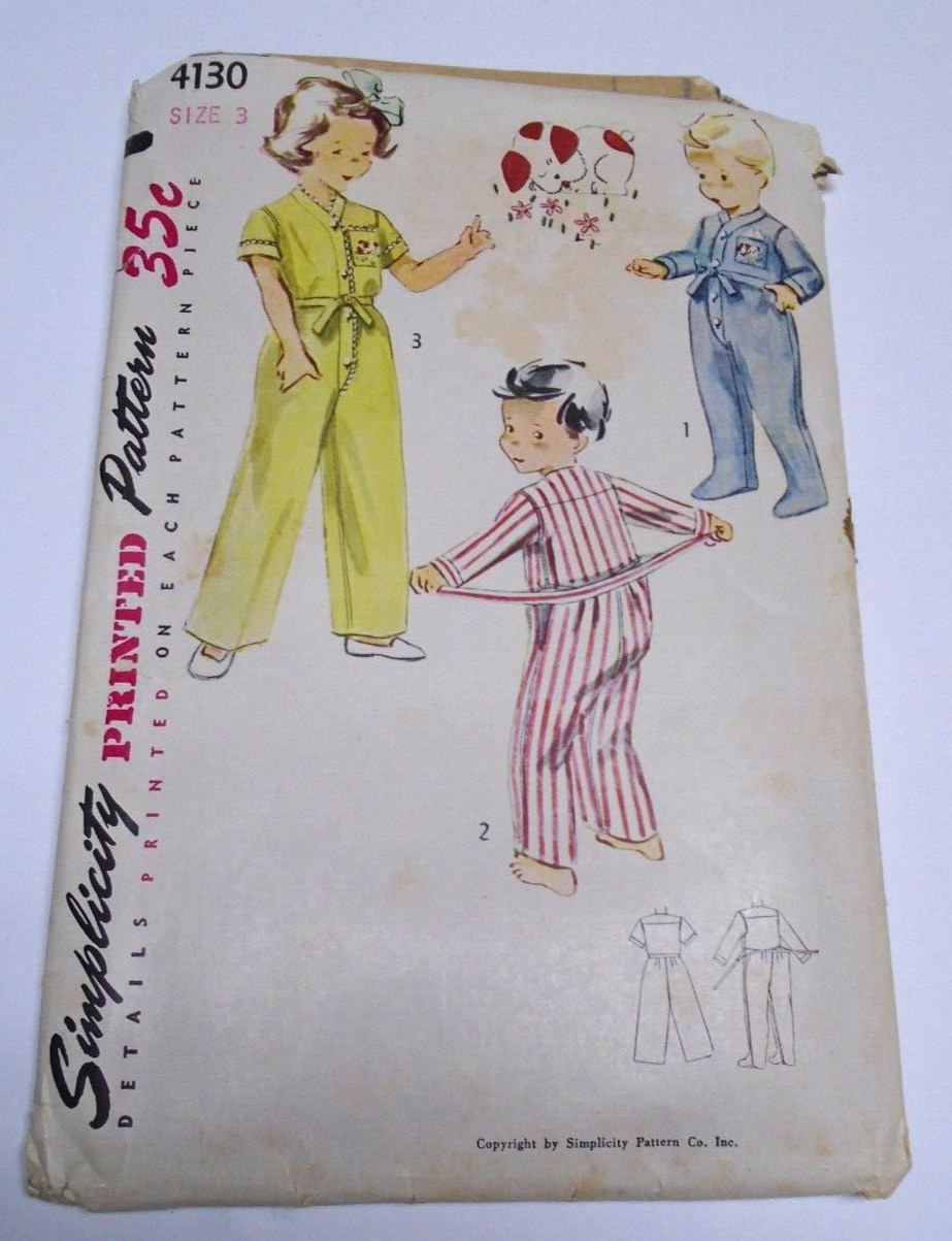 1950s Simplicity 4130 Child Pajamas w/wrap back, puppy transfer Size 3 Complete