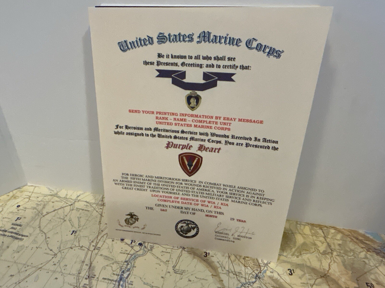 U.S.M.C. / P.H. MEDAL COMMEMORATIVE CERTIFICATE - 5TH MARINE DIVISION