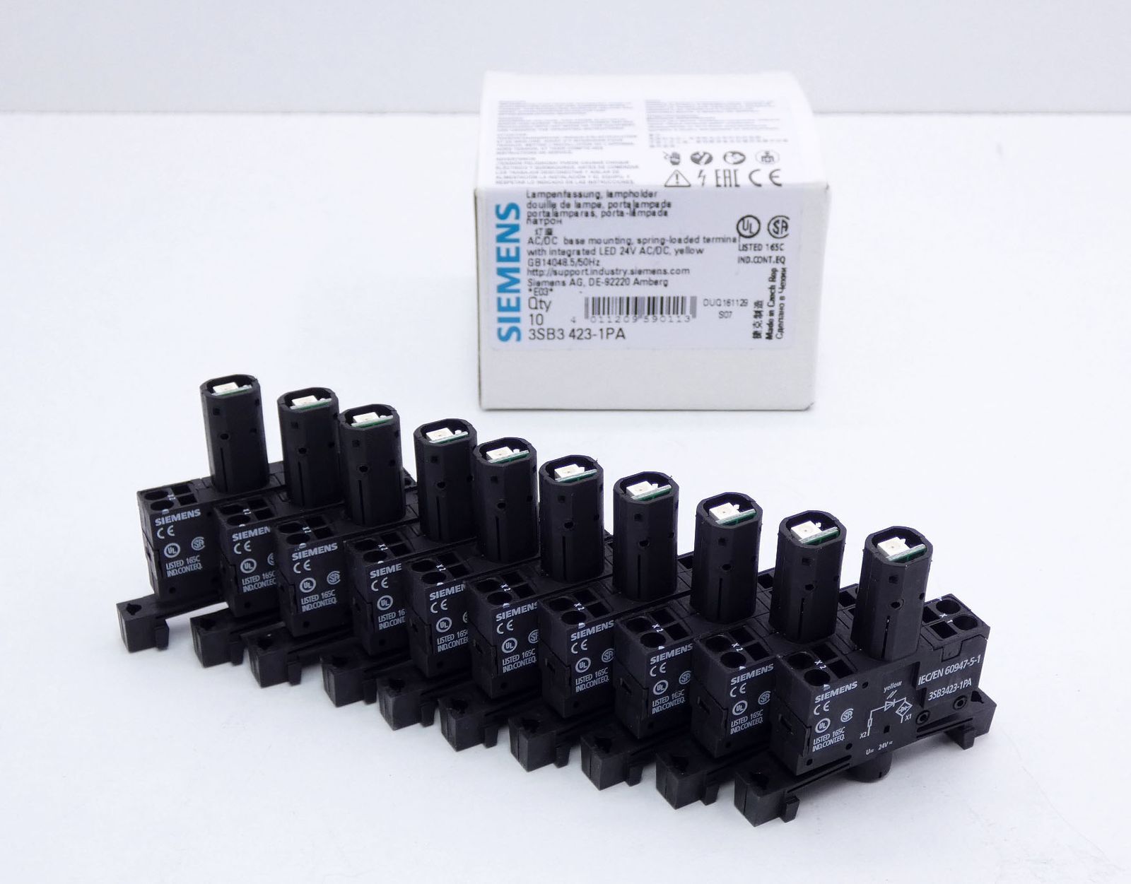 10x Siemens 3SB3 423-1PA E:07 lamp socket with LED, yellow 24V AC/DC -unused/original packaging-