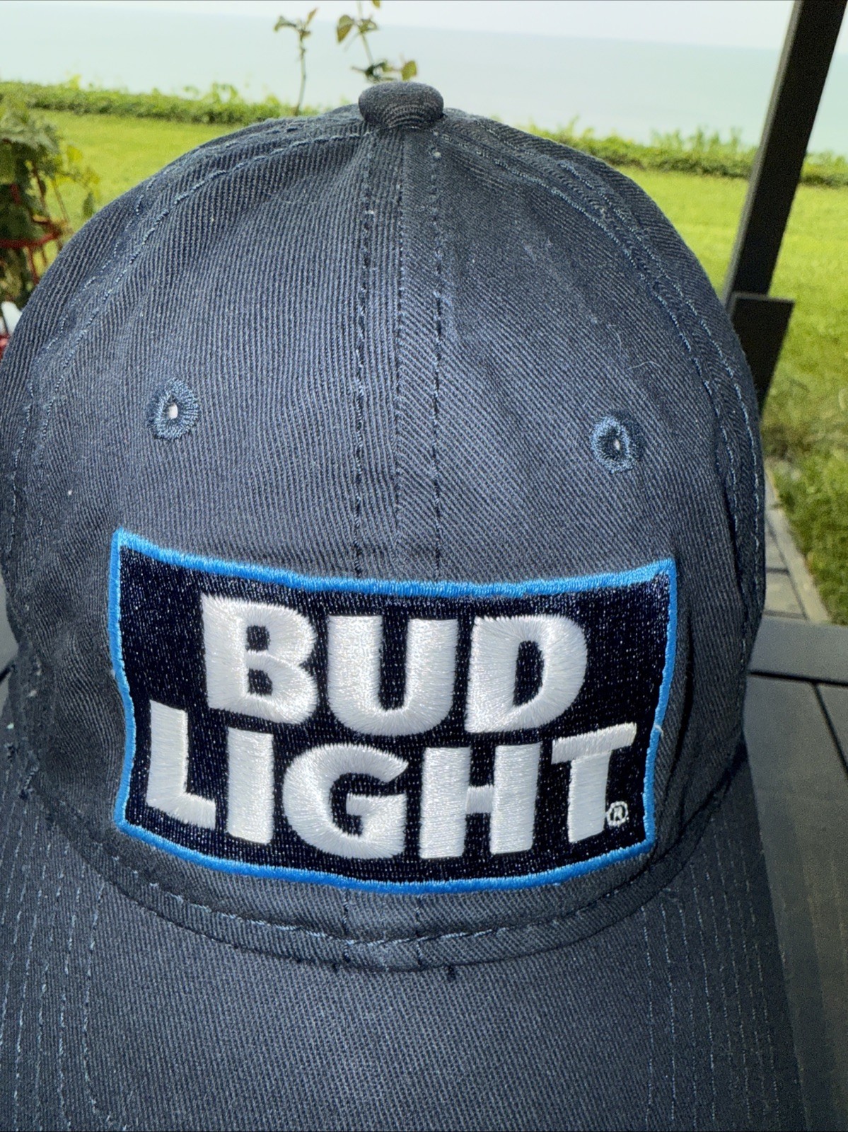 Bud Light White/ Brite Blue Outlined Patch on Navy Cotton Hat Cap Hook Loop