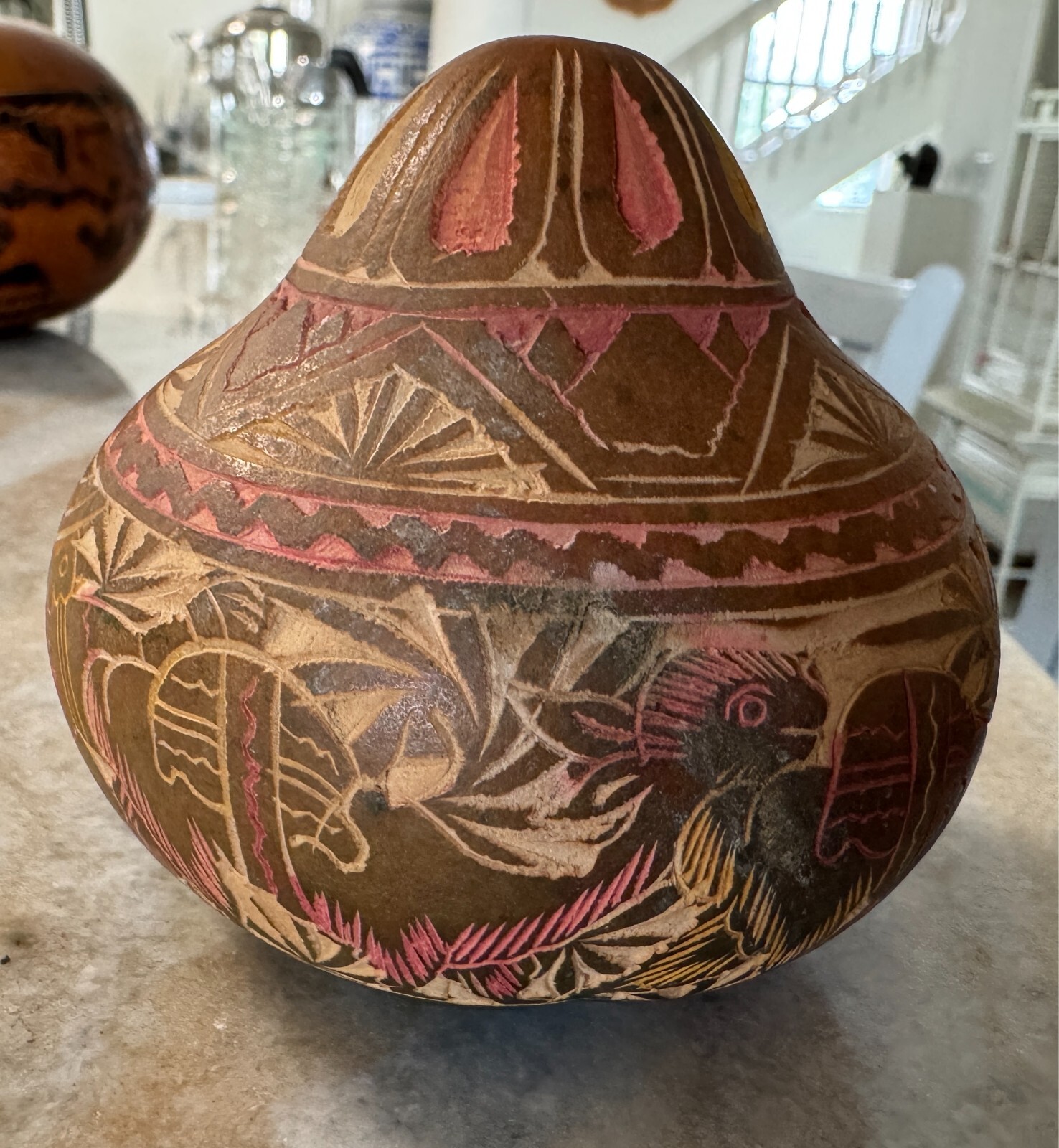 VTG Peru Cocha Chio Etched, Hand Carved Gourd Llamas multicolor 4"