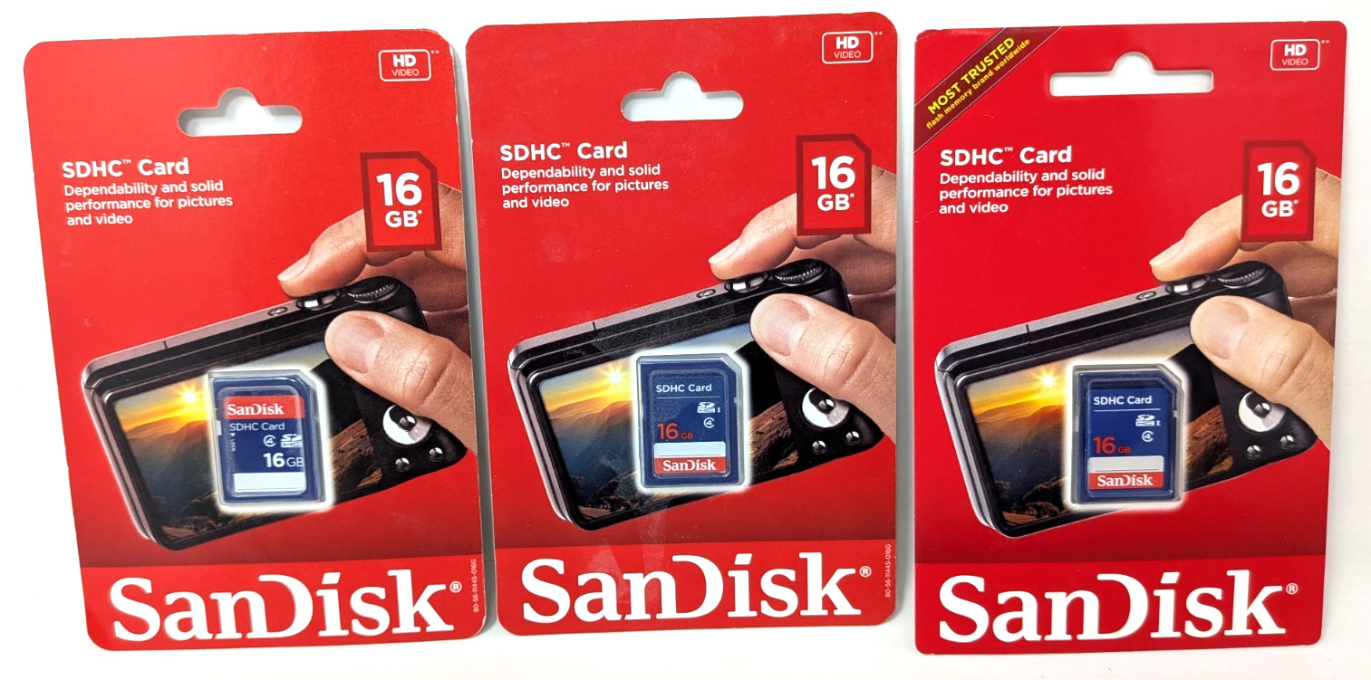 New Vintage SanDisk SDHC 16GB HD Video Pictures Music Storage Memory Card 3 Lot