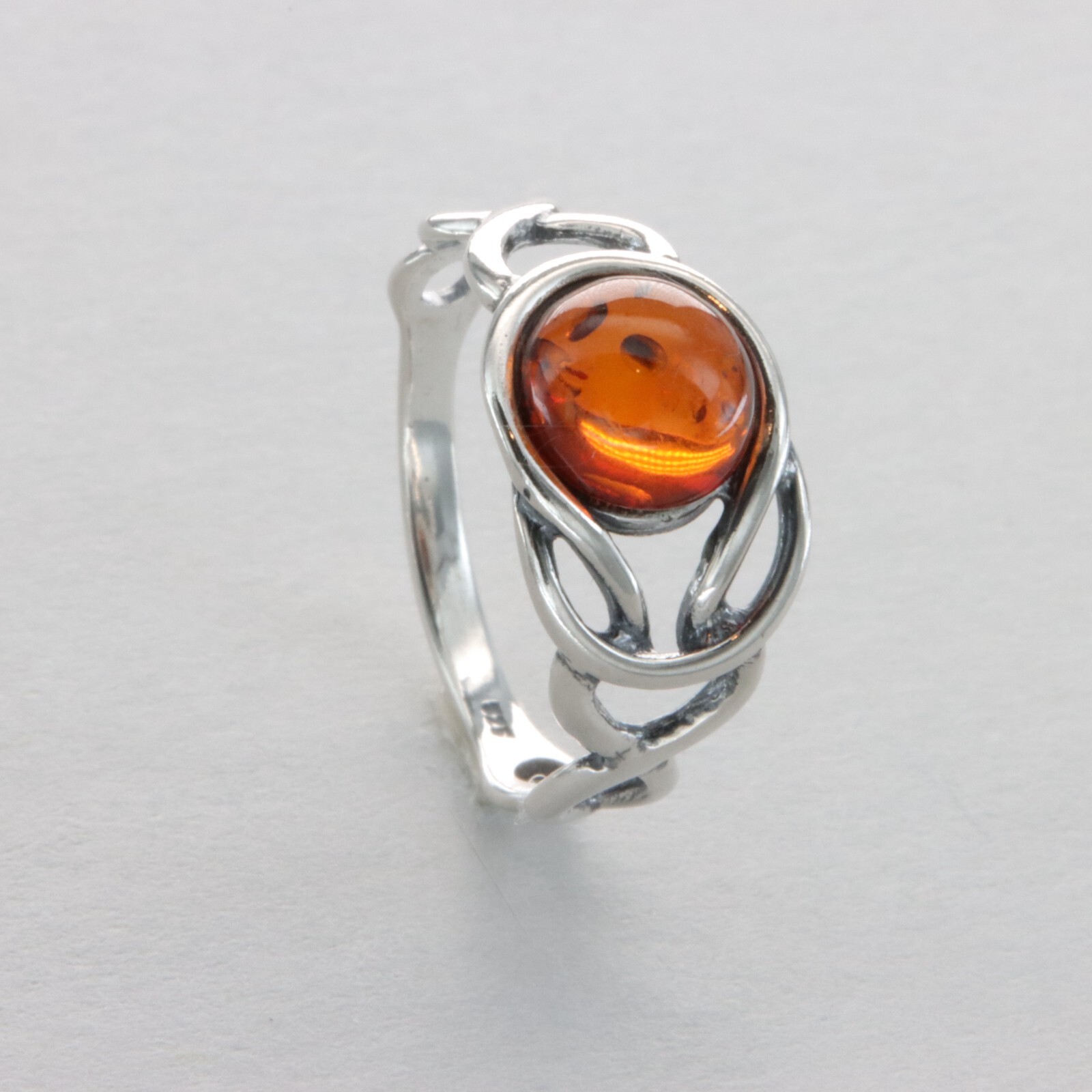 Round Cognac / Brown BALTIC AMBER Celtic Ring 925 STERLING SILVER Poland #25e