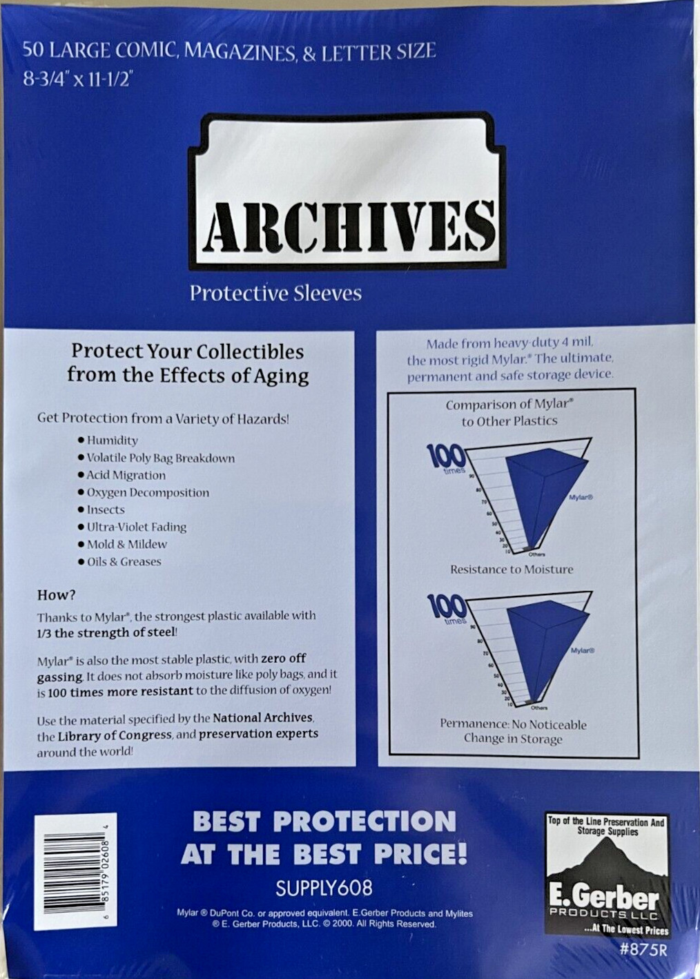 50 E. Gerber Archives 4 Mil Mylar Large Comic,Magazines,Letter Size Sleeves 875R