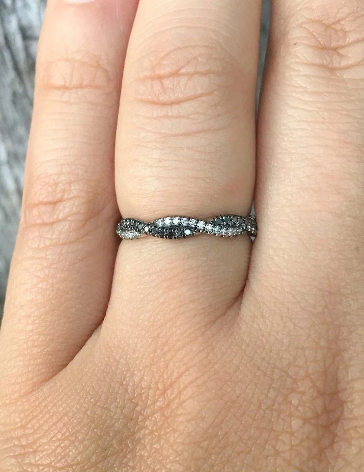 14k White Gold Plated Lab Created Round Cut Black Diamond Engagement Band Ring