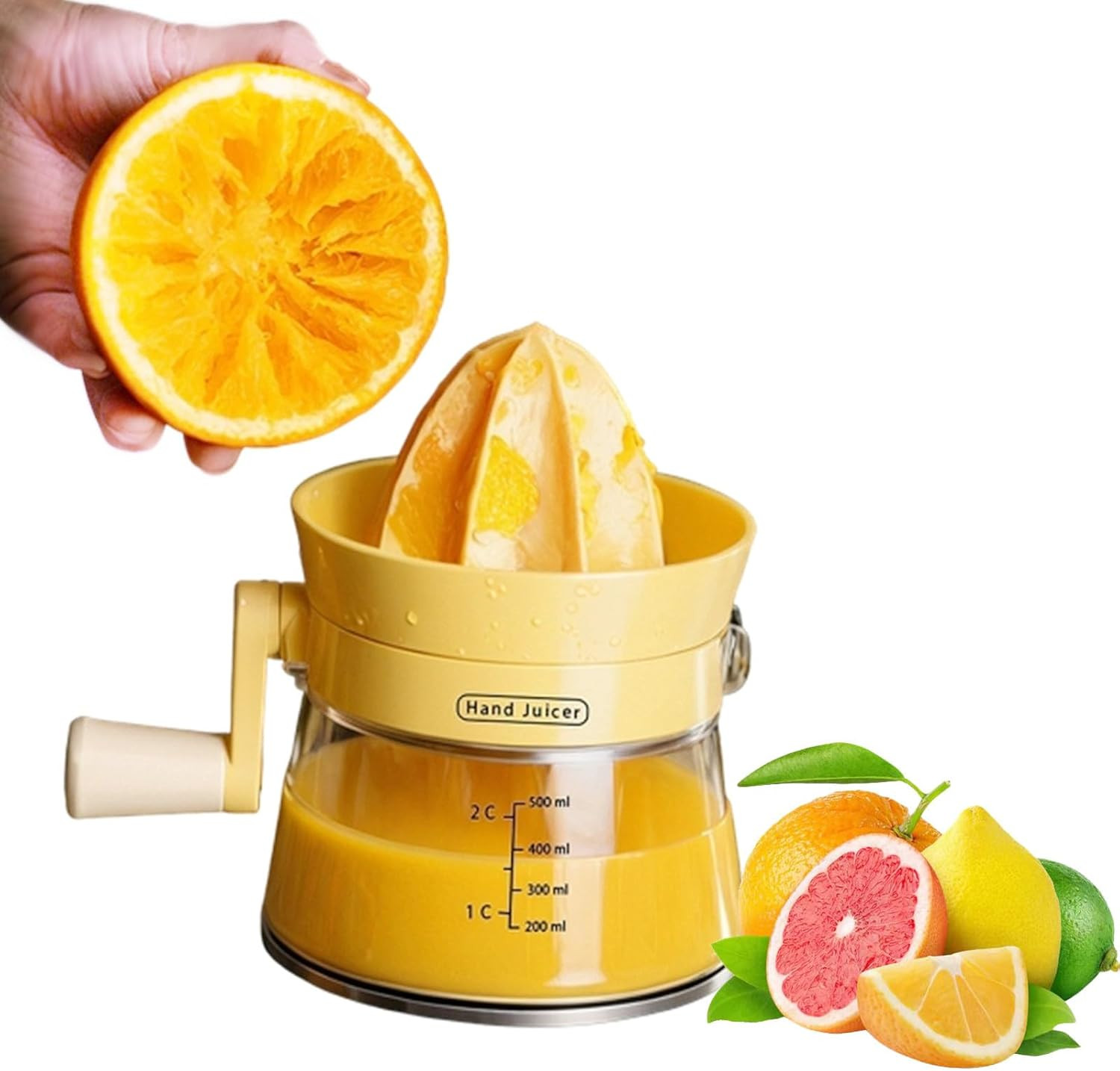 Manual Citrus Juicer with Rotating Crank-500ml Large Capacity Hand Press for Lem