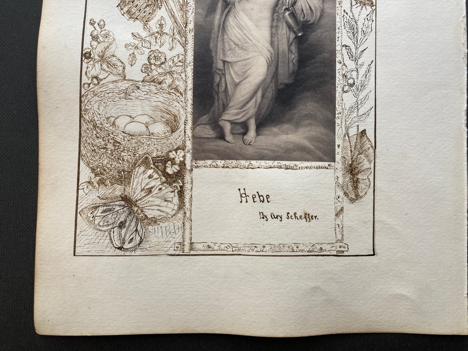 Victorian pen and ink border work around art print Herbe Scheffer