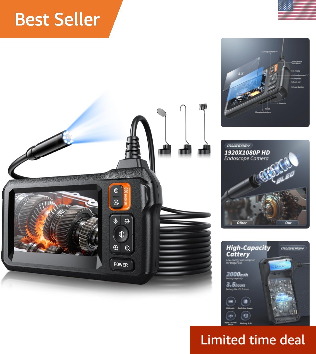 Endoscope Camera with Light, Inspection Borescope Camera with 4.3" IPS Screen...