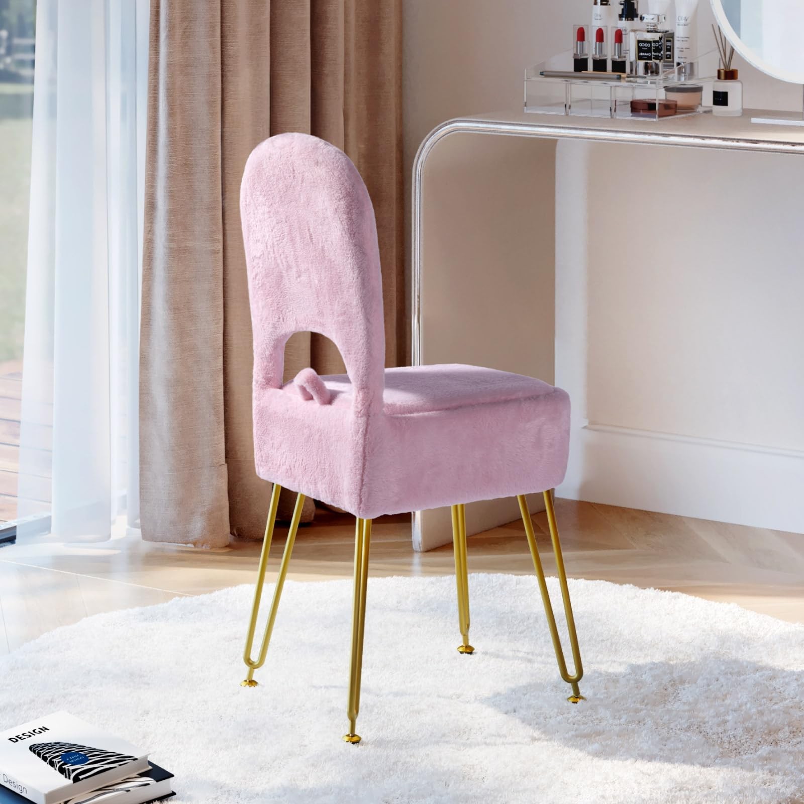 Vanity Stool Chair with Storage and Folding Back for Teens, Faux Fur Makeup O...