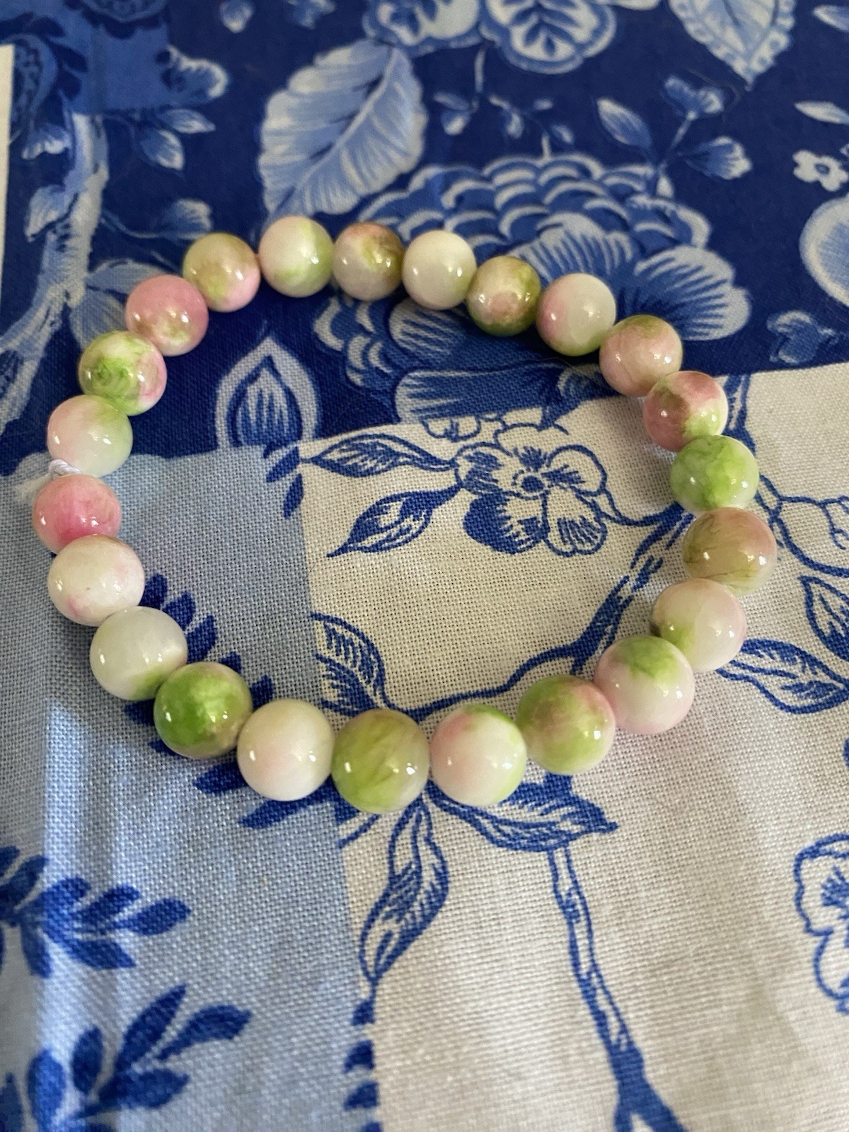 Green/Pink/White Round Beaded Bracelet - Handmade
