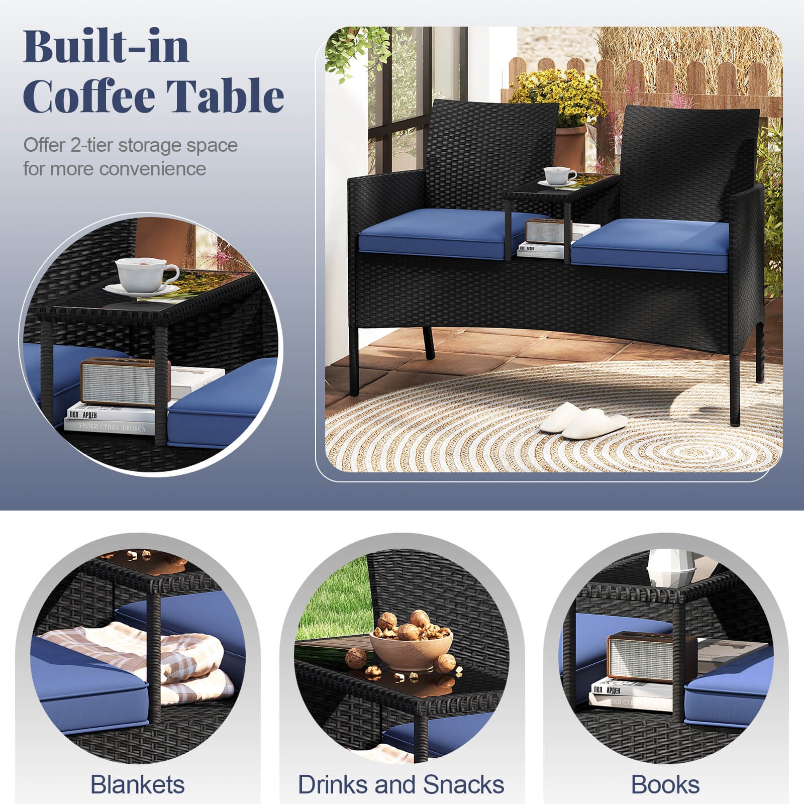 Patio Loveseat w/ Built-in Table Soft Cushions & Tempered Glass Tabletop