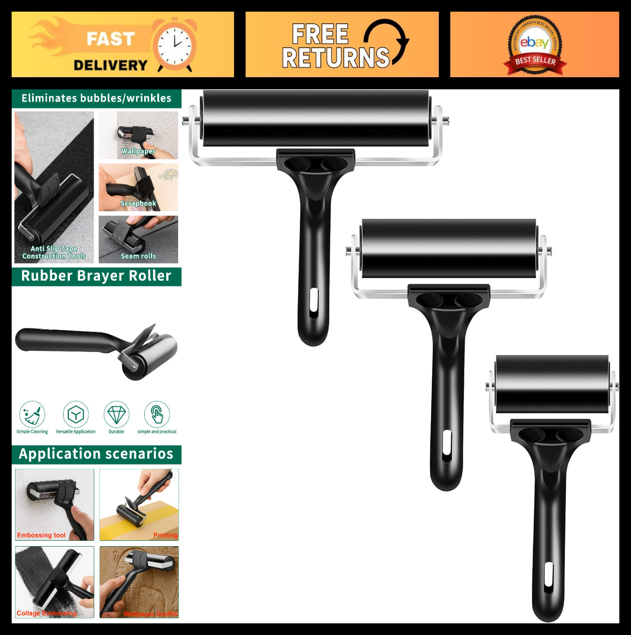 Soft Rubber Brayer Rollers for Printmaking & Crafting - 3 Pack (2.4", 4", 5.9")