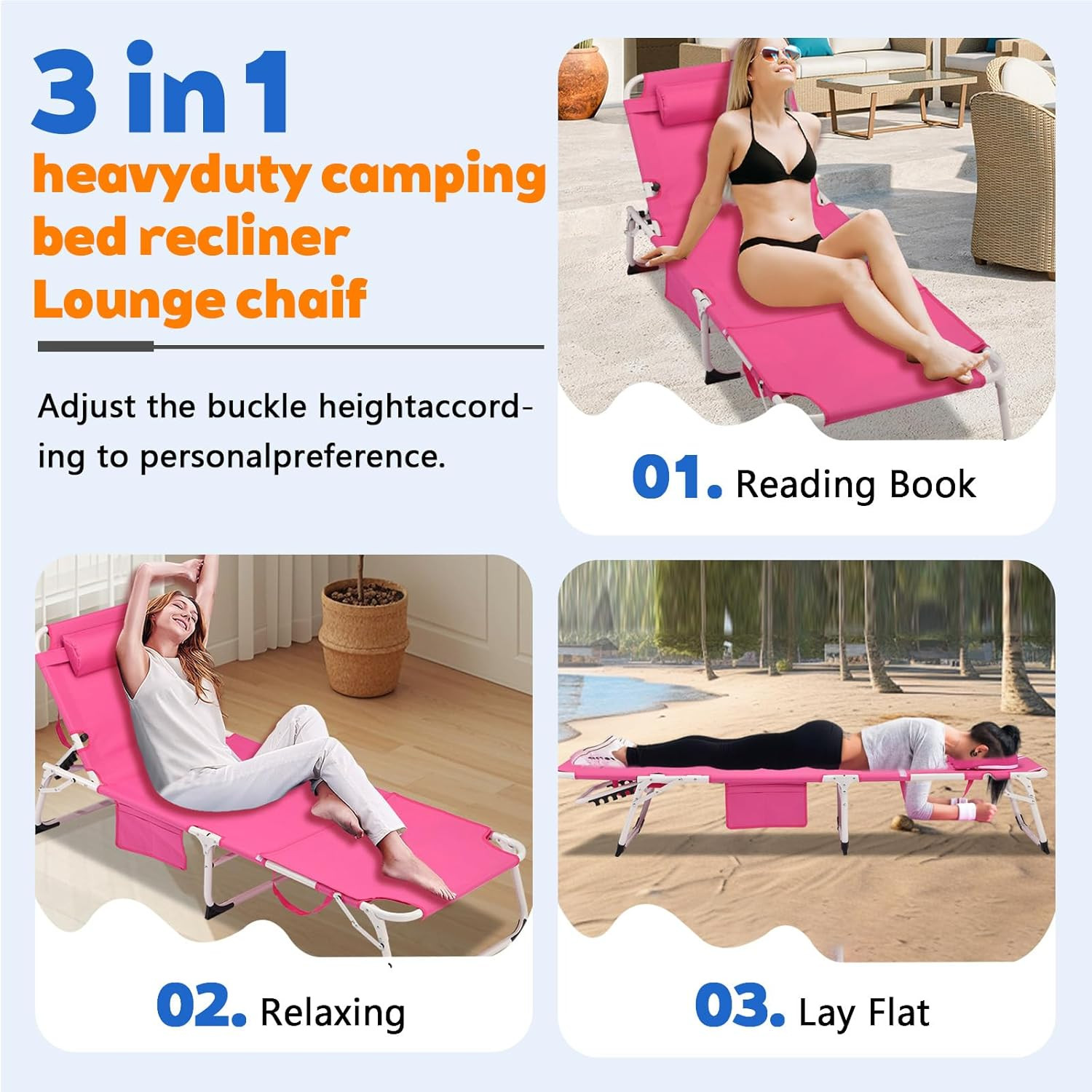3-In-1 Heavy Duty Tanning Chair with Face Hole Adjustable 5-Position Folding Cha
