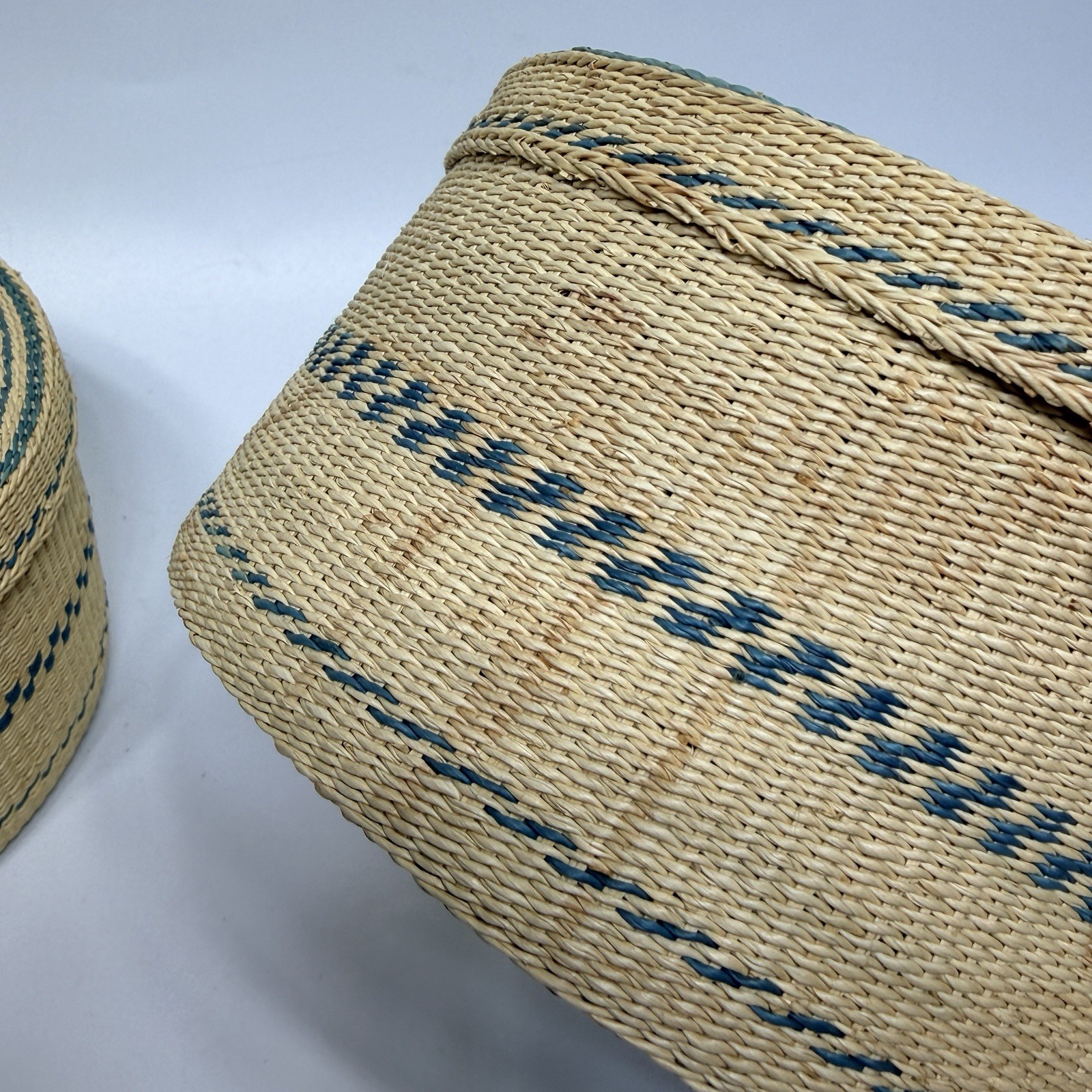 Set 2 Beige Teal Green Tightly Woven Nesting Baskets Lids Boxes Round 5.75" Boho