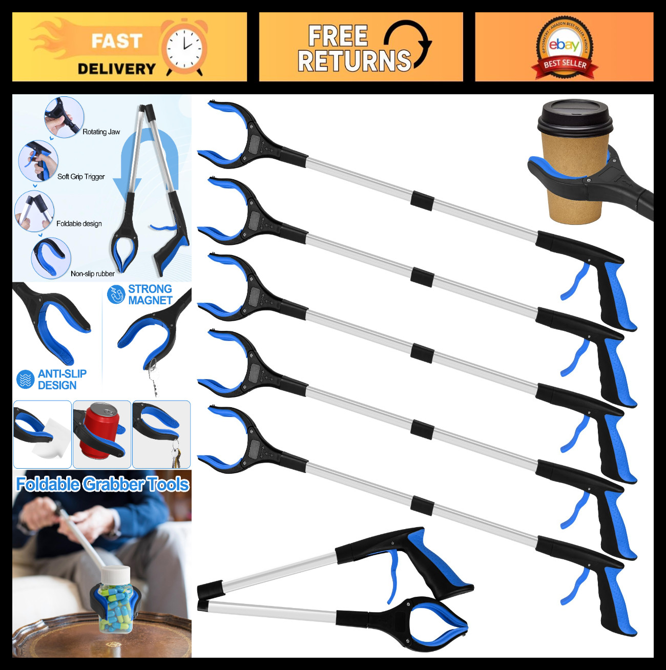 32" Foldable Grabber Reacher Tool - 6-Pack Heavy Duty Trash Picker, 360° Rotatin