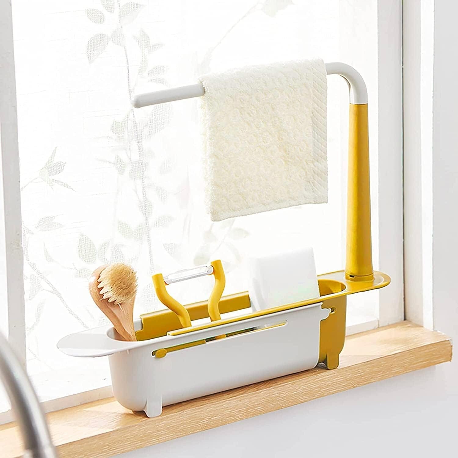Telescopic Sink Storage Rack,Adjustable Length, Drain Basket Plastic and Sponge