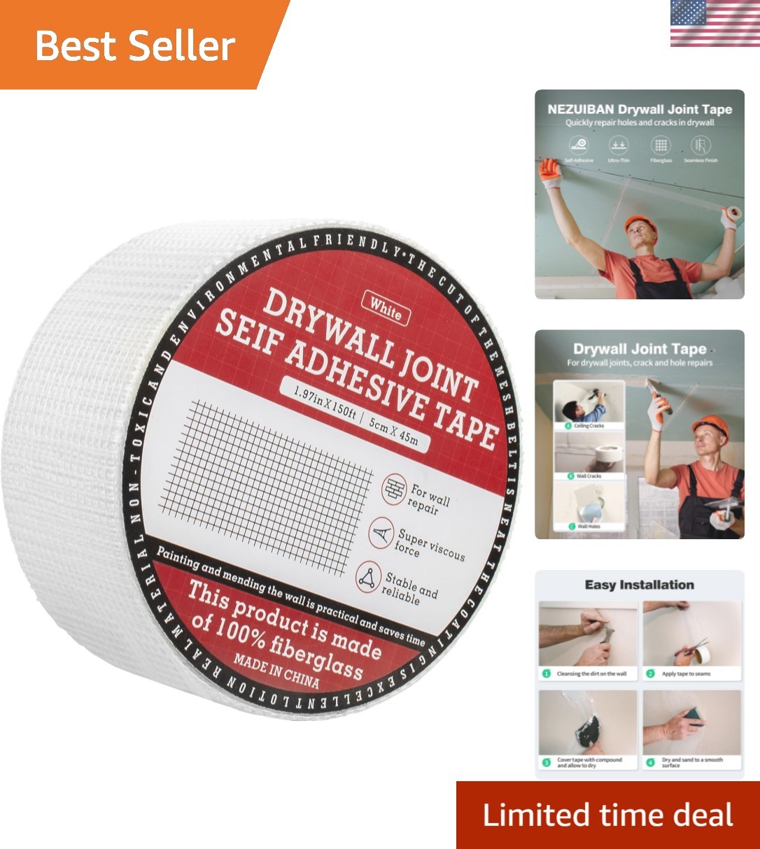 Fiberglass Mesh Drywall Repair Tape 1.97" x 150ft - Waterproof Self-Adhesive