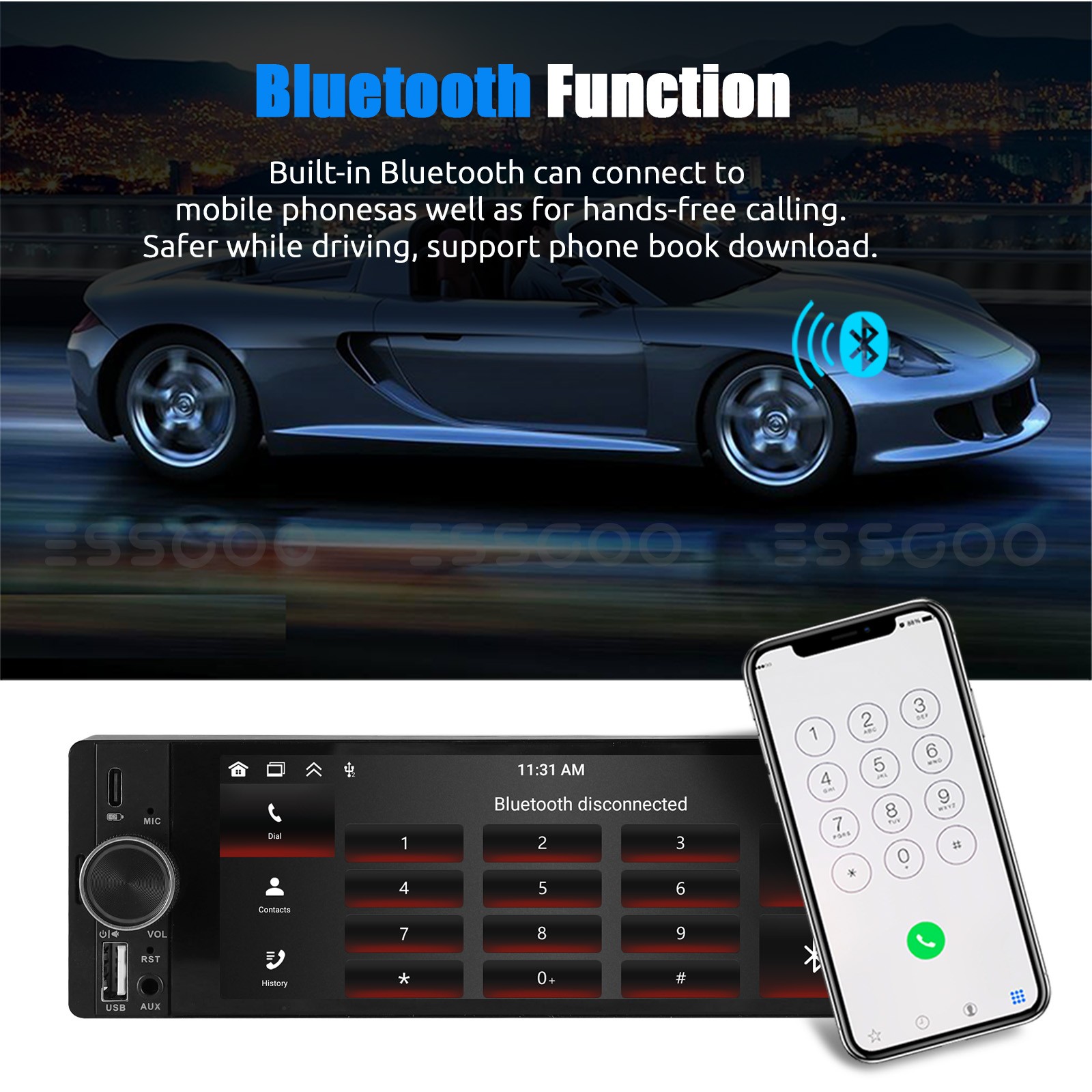 6.36" Single Din Car Stereo Wireless CarPlay Android Auto Radio Bluetooth MP5 FM