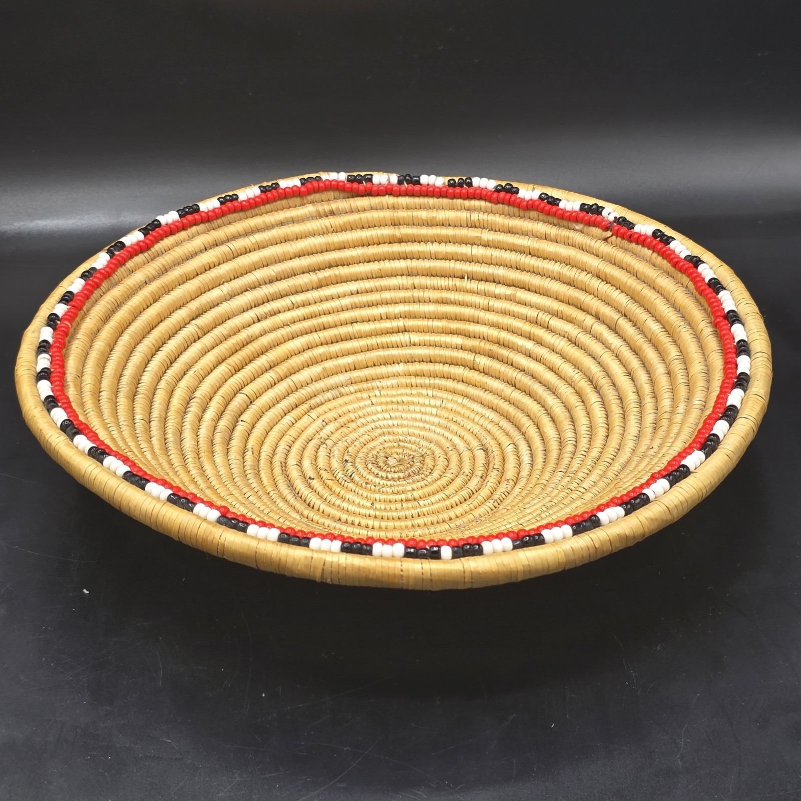 Handwoven Coil Basket with Red White Black Beaded Rim 10.5” Rustic Boho Decor