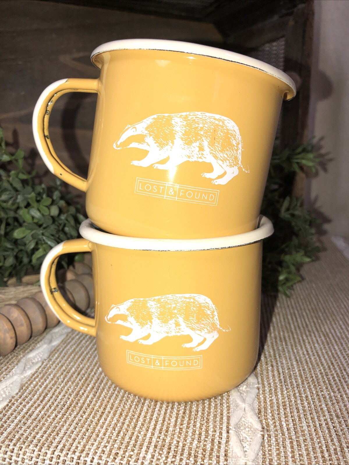 Pair of Metal Camping Cups Enamel Coffee Mug Lost & Found Enamelware Yellow