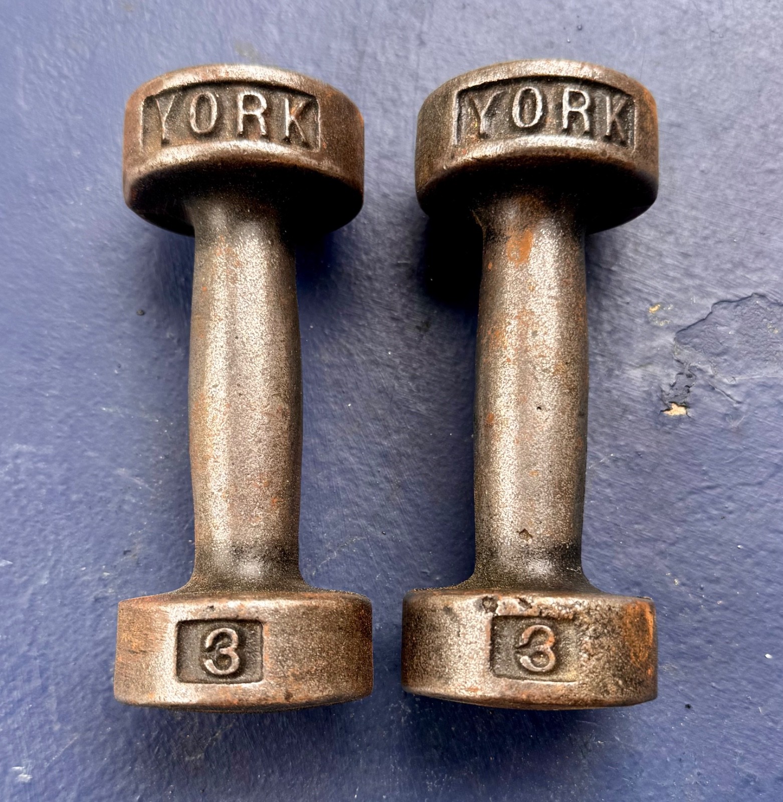 Vintage York 3lb. Dumbbell Pair Cast Iron Weights w/ Flat Bottom.