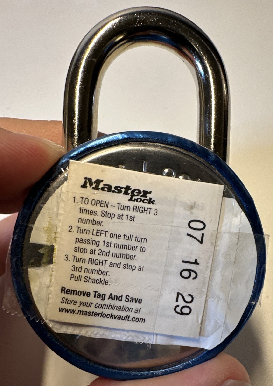 Blue Master combination lock,numbers on back.