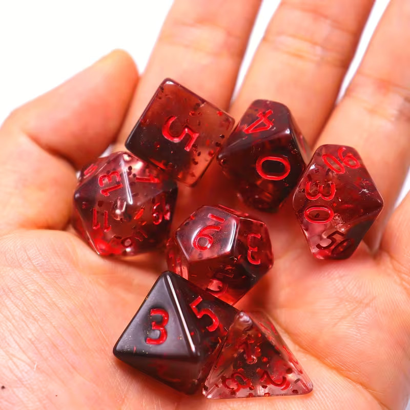 7 PC Dice Set Polyhedral Transparent Black & Red Transparent w Glitter + Bag +?