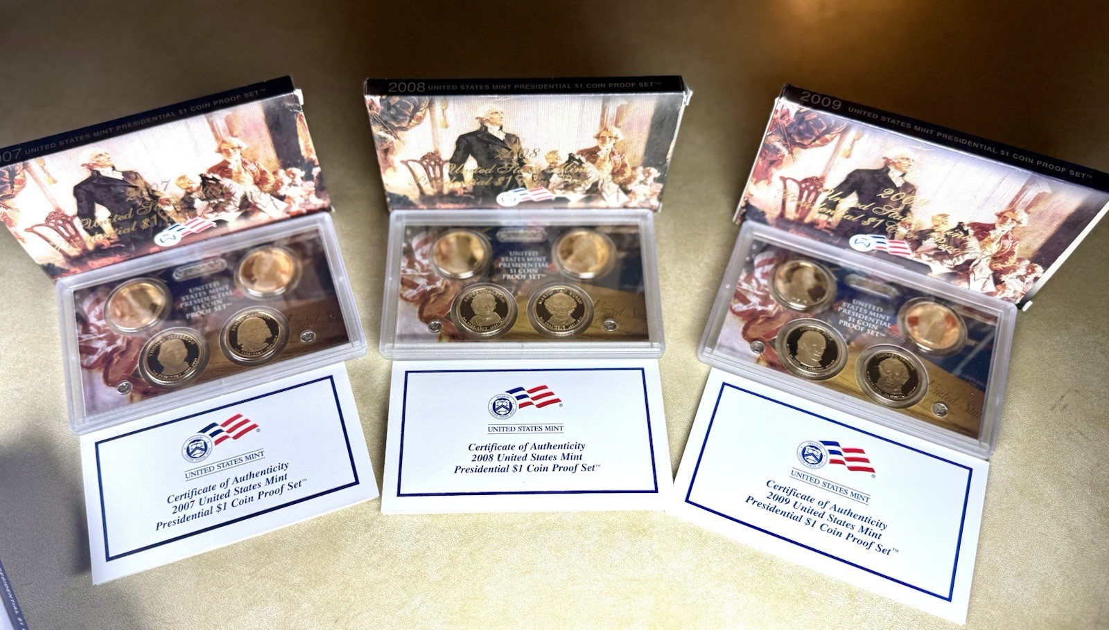 2007,2008,2009 U.S. Mint Proof Presidential $1 Coin Sets - 12 Coins - OGP & COAs