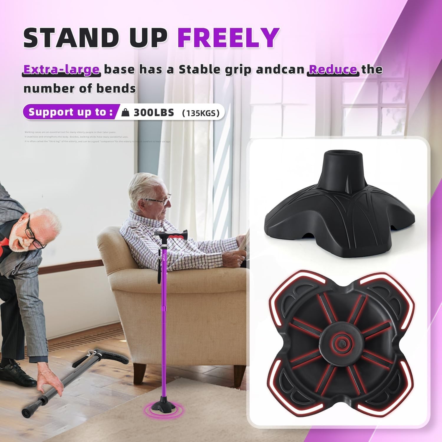 Adjustable Folding Walking Cane with 2 LED Lights Rubber Base Purple