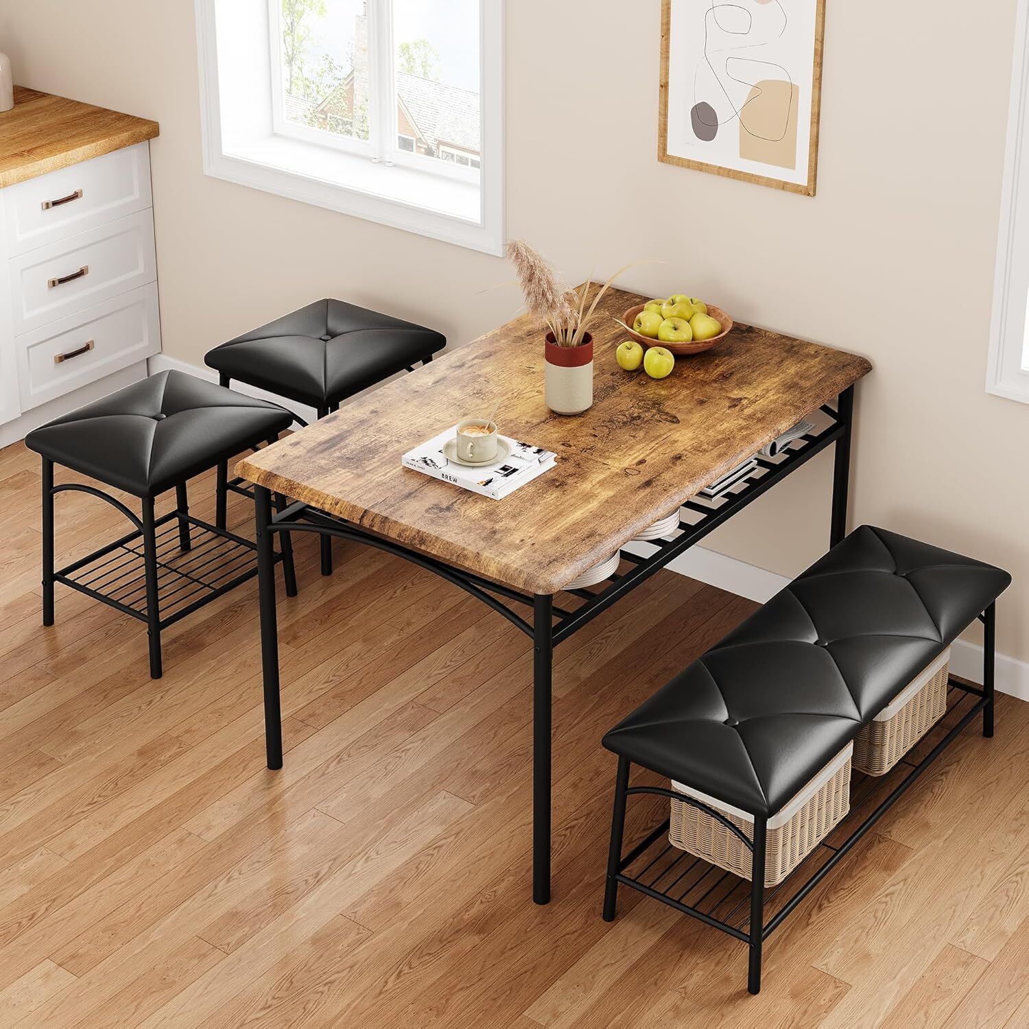 Dining Table Set for 4 with Upholstered Benches and Stools Kitchen Table Storage
