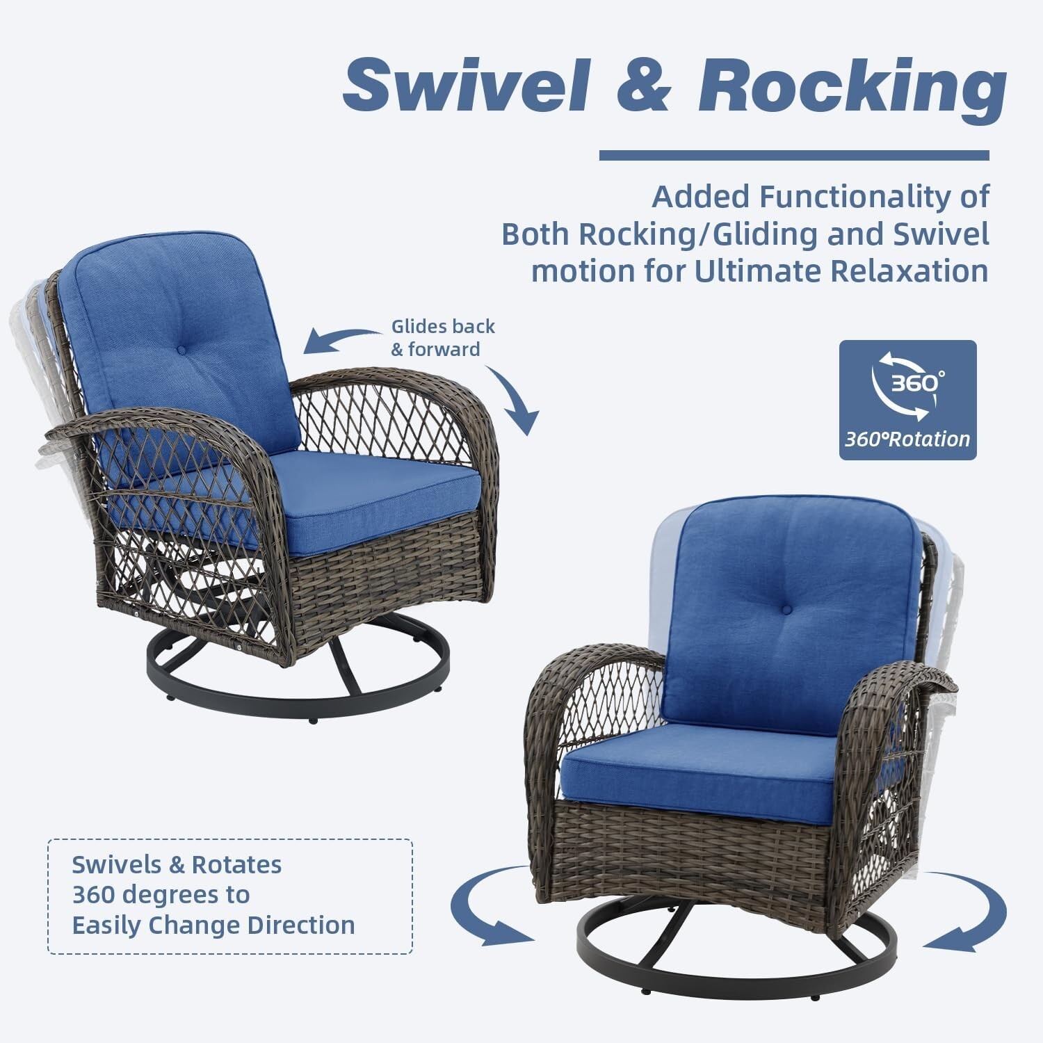 Rattan Conversation 3 Pc Furniture Set Patio BLUE Chairs All Weather Outdoor