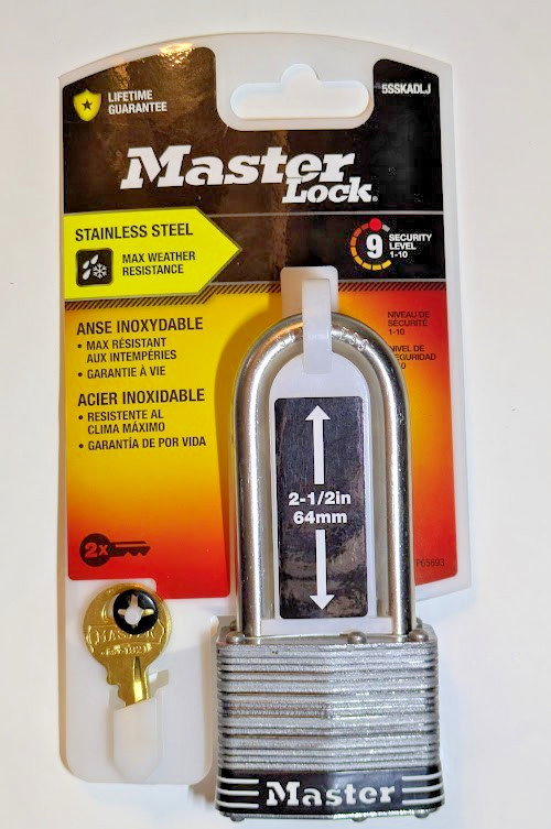 Master Lock Keyed Laminated Padlock, Stainless Steel, 2"., 2.5" Long Shackle NEW