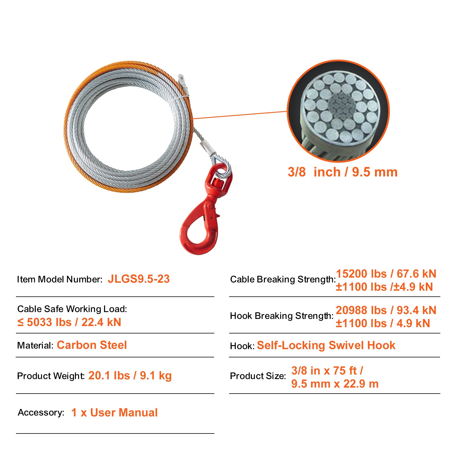 3/8"x75' Winch Cable Steel 15200lb Core Wire Rope Self Locking Swivel Hook