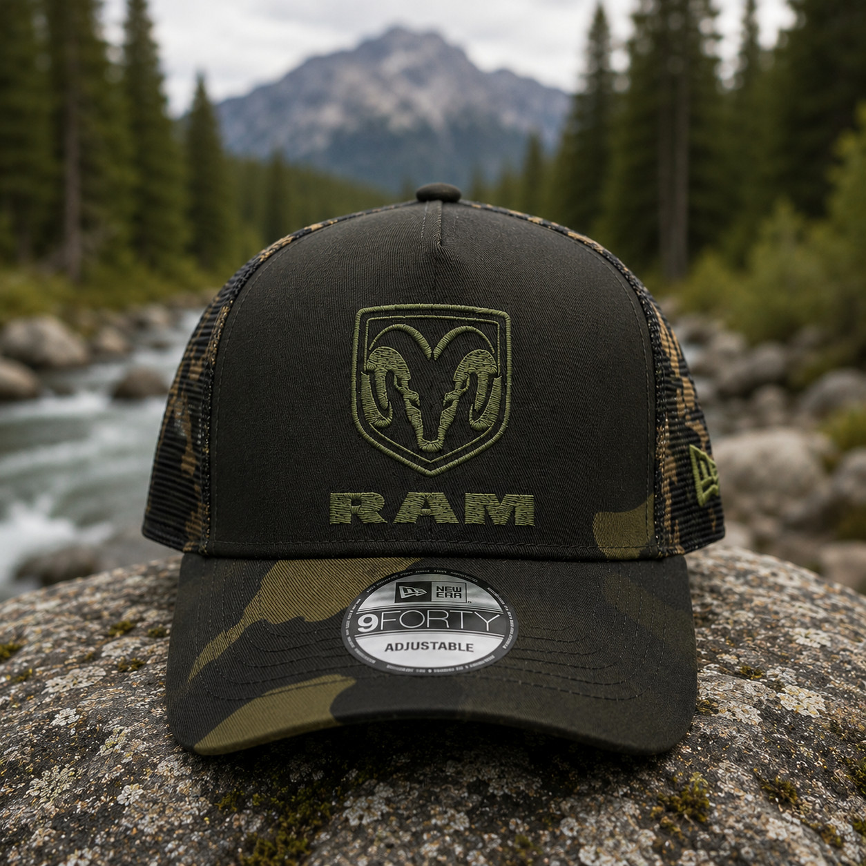 RAM Embroidered Camo Mesh Back Trucker Hat Adjustable Hunting Fishing Cap