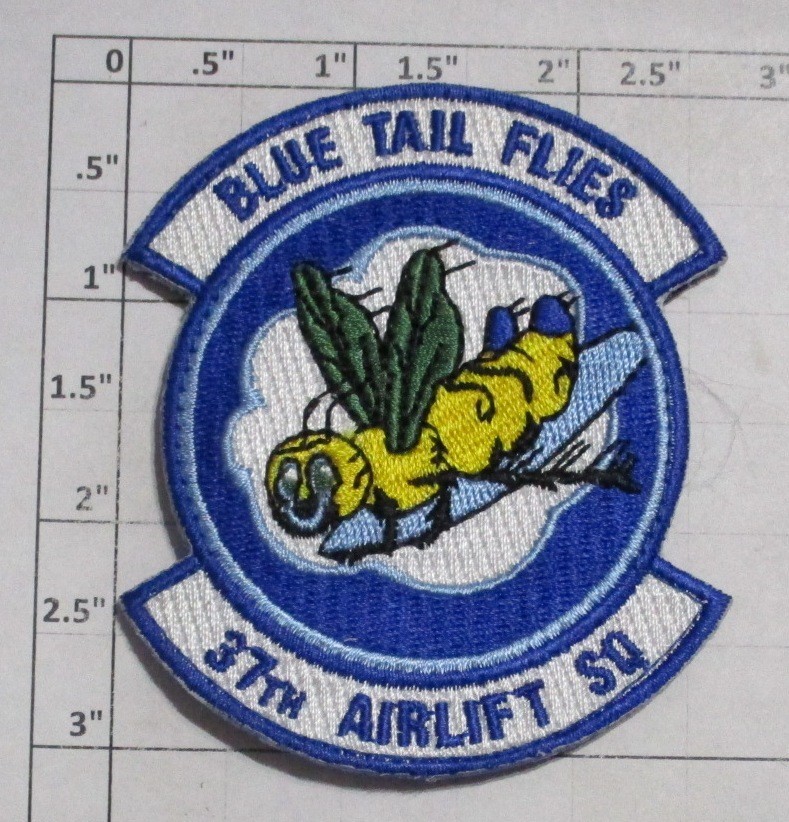 USAF MILITARY PATCH: #13403 37TH AIRLIFT SQUADRON BLUE TAIL FLIES