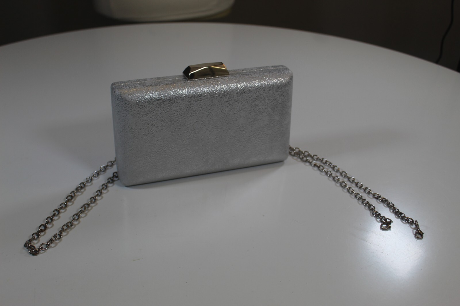 Sondra Roberts silver tone  pastle minaudiere clutch purse closure chain strap