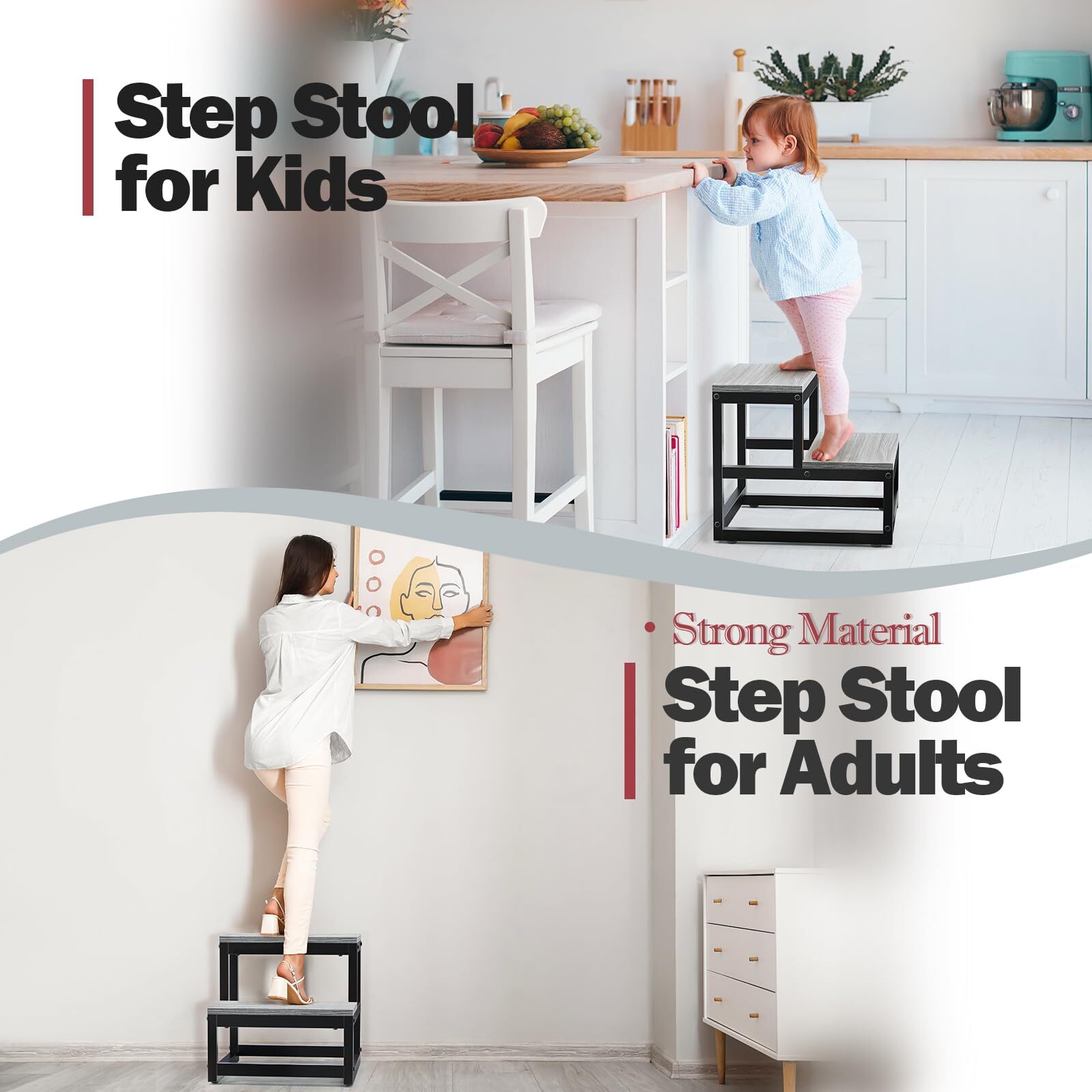 Step Stools Adults Kids 2 Step Heavy Duty Steel Wood 500lb Support Grey