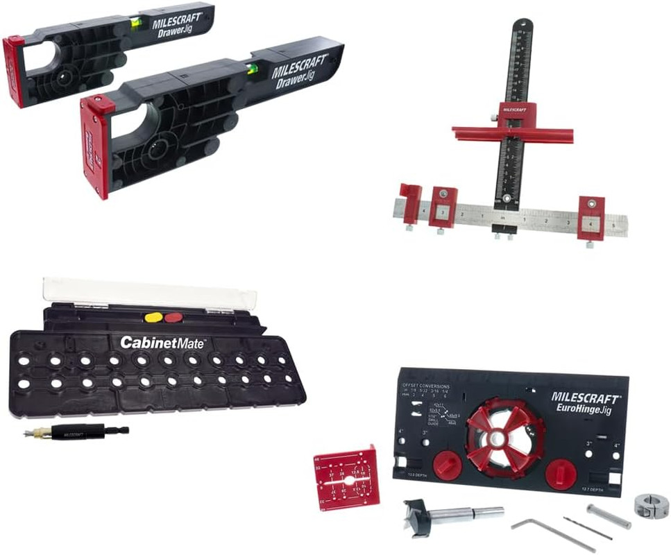 Milescraft 7300 Cabinet Kit – Cabinet Hardware Jig, Shelf Pin Jig, Hinge Jig and